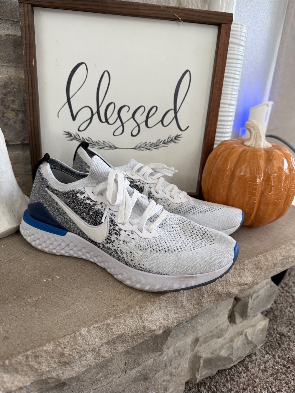 Nike White, Gray & Blue Knit Running Sneakers